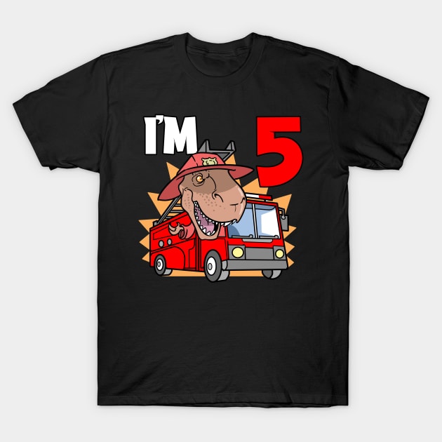 I'm 5 Birthday Firefighter T-Rex T-Shirt by ModernMode